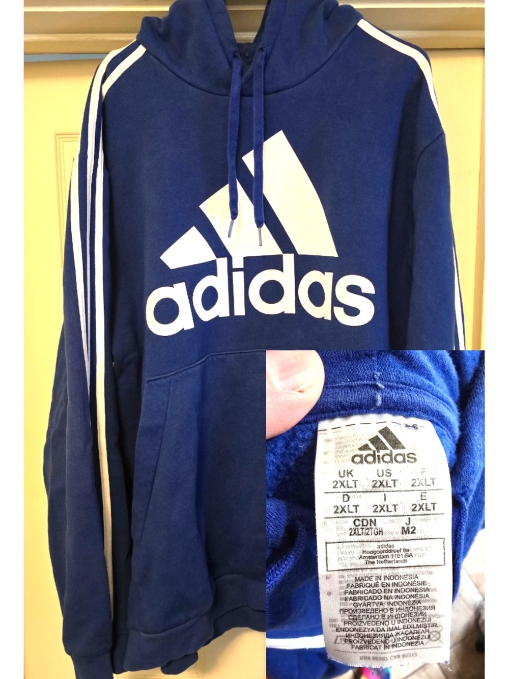 2XT adidas Blue Hoodie with White Logo & Stripes